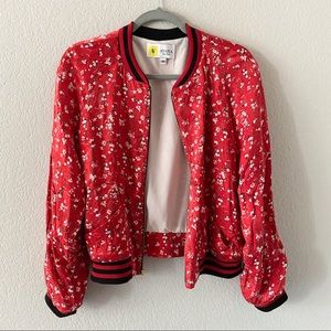 AYSHA NY Red Floral Cupro Satin Bomber Jacket M